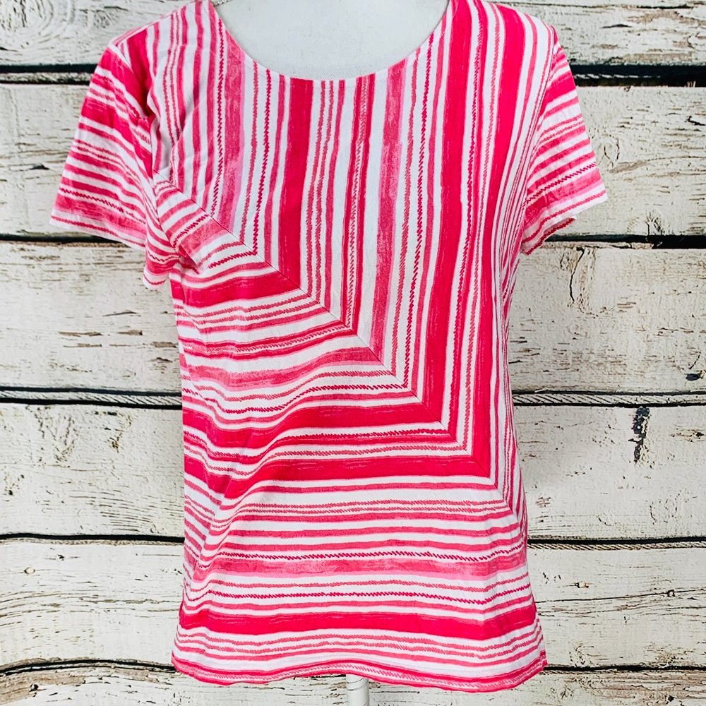 Chico's Top Pink White Stripe Short Sleeve M